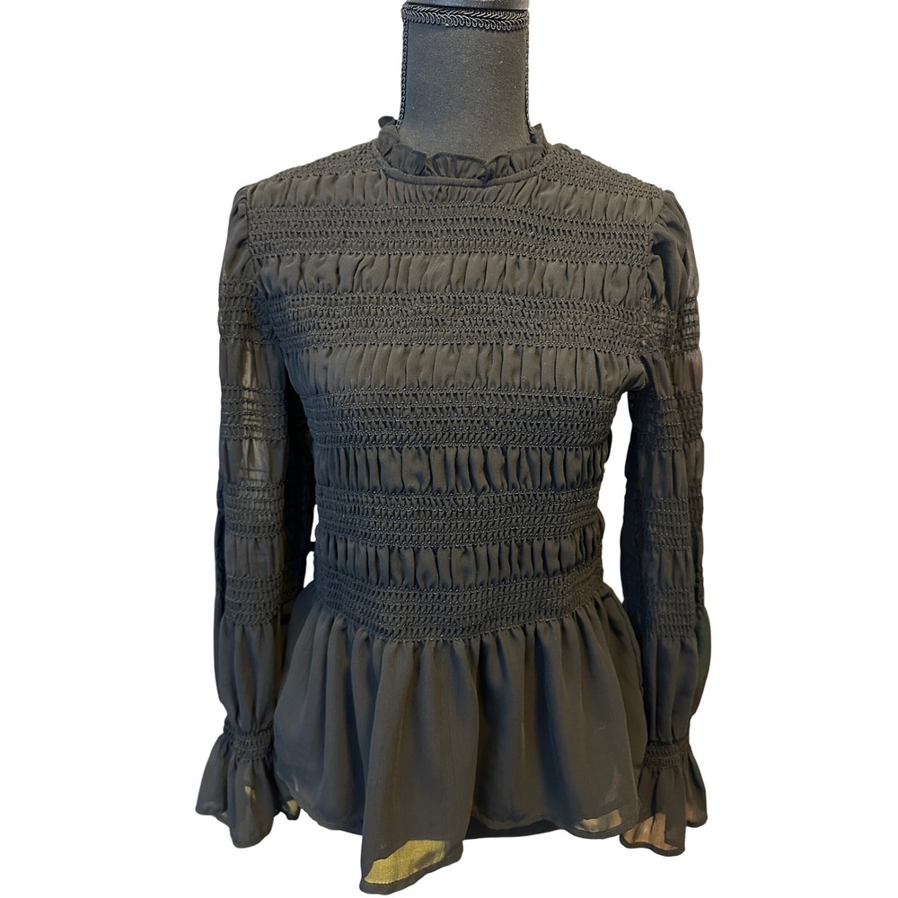 Express Black Smocked Peplum Blouse Sheer Lined Long Sleeve M Whimsygoth Boho